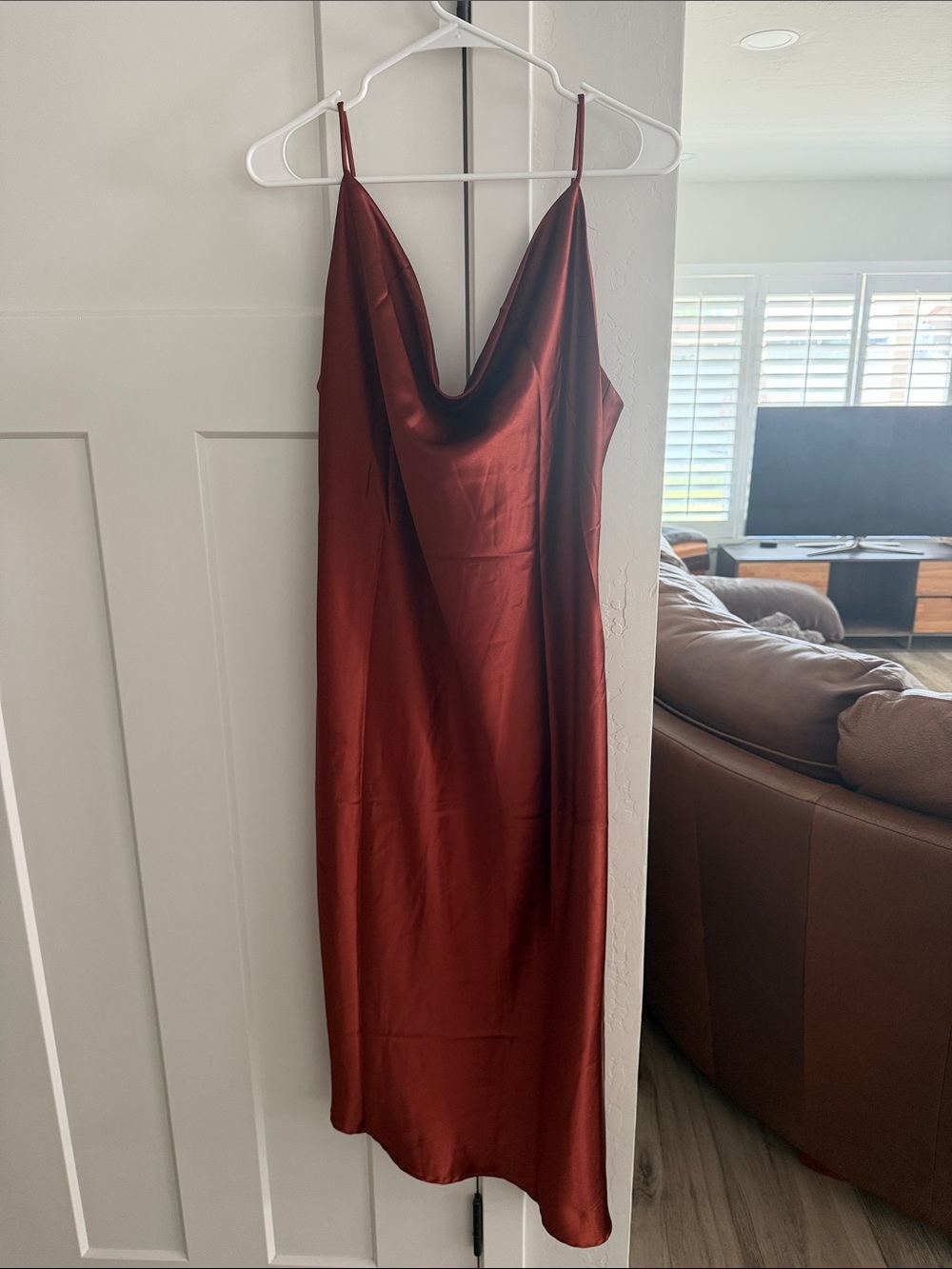 Petal & Pup Satin Cowl Midi Dress in Burgundy